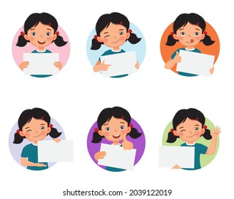 Cute little girl holding blank placards or posters in various facial expressions and hand gestures, such as, thumb up, pointing fingers. Board sign with empty space template for banner, text, ads.