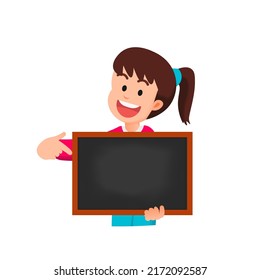 a cute little girl holding a blank blackboard