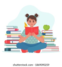 Cute little girl holding book in hands and is reading a book. Children with book concept. Vector illustration in flat style