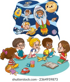 Cute little girl holding book and telling story to her friends sitting around on floor. Smiling children listening to fairy tale. Cartoon vector illustration.