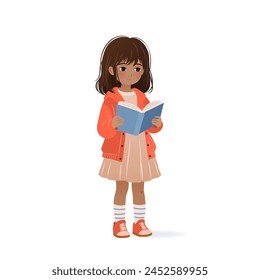Cute little girl is holding book in her hands and reading it. isolated vector illustration on white background. Cartoon kid for educational designs, book club, world book day. Clip-art.