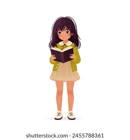 Cute little girl is holding book in her hands and reading it. isolated vector illustration on white background. Cartoon kid for educational designs, book club, world book day. Clip-art.