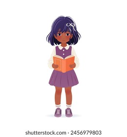 Cute little girl is holding book in her hands and reading it. isolated vector illustration on white background. Cartoon kid for educational designs, book club, world book day. Clip-art.