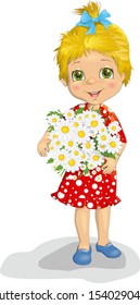 Cute Little girl holding a  bouquet of daisies chamomile vector illustration. In cartoon style. Clipart Isolated on white background