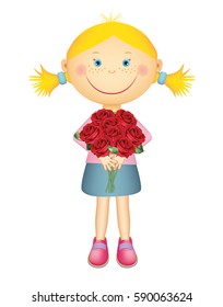 Cute little girl holding a bouquet of red roses. Isolated on white background.