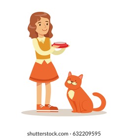 Cute little girl holding a bowl with milk and red cat sitting next to her. Colorful cartoon character vector Illustration