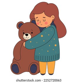 linda niñita sosteniendo un juguete de peluche marrón en sus manos. ilustración vectorial plana.