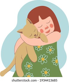 A cute little girl holding a cat in her arms. Portrait of a happy owner with a beloved pet. kindness and love for animals. vector flat illustration.