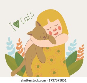 A cute little girl holding a cat in her arms. Portrait of a happy owner with his beloved pet. kindness and love for animals. vector flat. on the background of natural elements, grass and leaves.