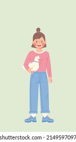 A cute little girl is holding a duck and smiling. flat design style vector illustration.