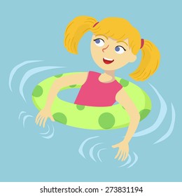 A cute little girl holding float in swimming pool.