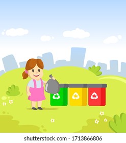 Cute little girl holding garbage plastic bag standing near containers with different types of recycling waste. Segregate waste, sorting management concept. Colorful cartoon flat vector illustration.