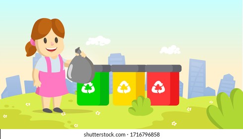 Cute little girl holding garbage plastic bag standing next to containers with different types of recycling waste. Sorting waste concept. Colorful cartoon flat vector illustration.