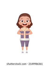 Cute little girl holding a gift box. Isolated on white background. Flat style. Vector illustration