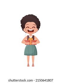 Cute little girl holding a gift box with a bow in her hands. Isolated on white background. Cartoon style. Vector illustration