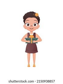 Cute little girl holding a gift box in her hands. Isolated on white background. Flat style. Vector illustration