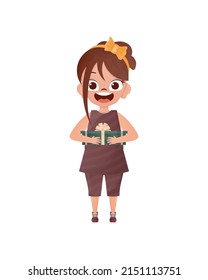 Cute little girl is holding a gift. Isolated. Flat style. Vector illustration