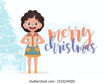 A cute little girl is holding a gift box. New Year's poster. Cartoon style. Vector illustration