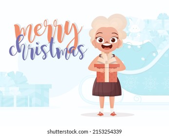 Cute little girl is holding a gift. New Year's poster. Flat style. Vector illustration