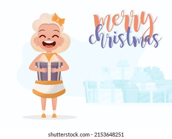 A cute little girl is holding a gift box. New Year's poster. Flat style. Vector illustration