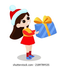 Una linda niña está sosteniendo un regalo en sus manos. El niño lleva un sombrero de Papá Noel. Diseño de caracteres aislado en fondo blanco.