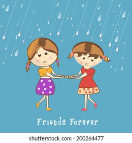 Cute little girl holding hands together in monsoon season for Happy Friendship Day celebrations. 