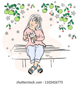 A cute little girl holding ice cream cone in garden on park bench. isolated outline
