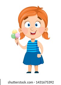 Cute little girl holding ice-cream. Pretty girl cartoon character. Vector illustration isolated on white background