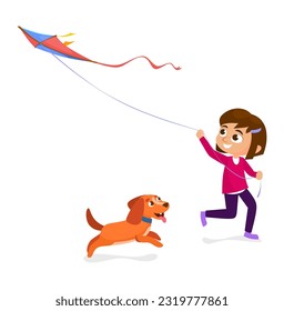 Cute little girl holding a kite in the air and running isolated on white background. Happy kid character with a dog playing outdoors in summer. Cartoon vector illustration.