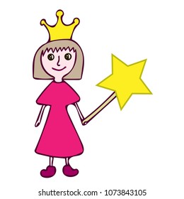 Cute little girl holding magic wand with star isolated on white background