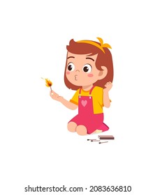 cute little girl holding match stick with fire