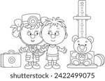 Cute little girl holding a medical stethoscope and playing doctor with a funny boy among toys in a playroom of a nursery school, black and white outline vector cartoon illustration for a coloring book