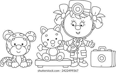 Cute little girl holding a medical stethoscope and playing doctor with her funny toys in a playroom of a nursery school, black and white outline vector cartoon illustration for a coloring book