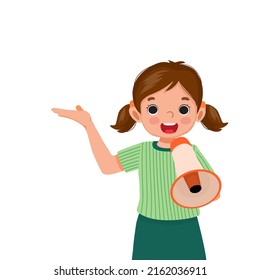 cute little girl holding megaphone speaking and shouting making announcement with hand showing for copy space