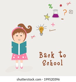 Cute Little Girl Holding A Notebook With Study Symbols On Grey Background. 