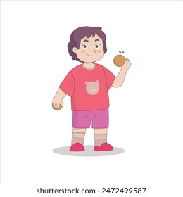 A cute little girl is holding an orange in her hand with a happy face