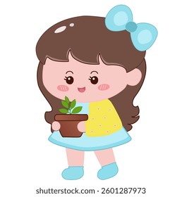 A cute little girl holding a potted plant, spreading summer joy, eco-friendly vibes, and nature love.