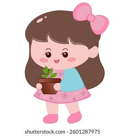 A cute little girl holding a potted plant, spreading summer joy, eco-friendly vibes, and nature love.