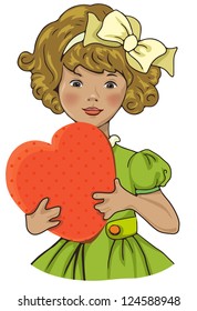 Cute little girl holding red heart - a vintage Valentine illustration