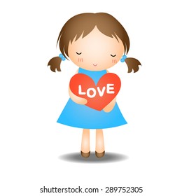 Cute little girl holding a red heart with the word "love" . Vector illustration.