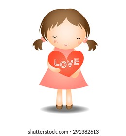 Cute little girl holding a red heart with the word "love" . Vector illustration.