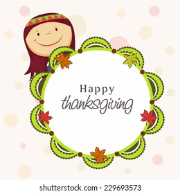 Cute little girl holding stylish frame decorated with maple leaves for Thanksgiving Day celebration.