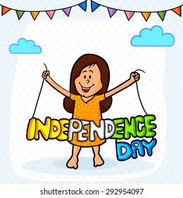 Cute little girl holding stylish tricolor text on colorful buntings decorated background for Indian Independence Day celebration.