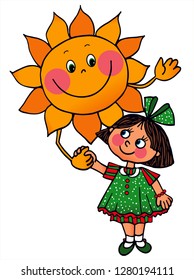 Cute little girl is holding the sun`s hand. Colored vector for card or gift. 