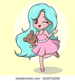 Cute little girl holding teddy bear and winking