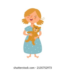 Cute little girl holding a teddy bear. Happy female kid in underwear dress with huggable toy. Cartoon child and her sweet plush friend. Hand drawn vector illustration isolated on white. Flat design.