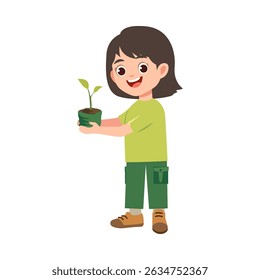 Cute little girl holding tree seeds, world environment day vector illustration
