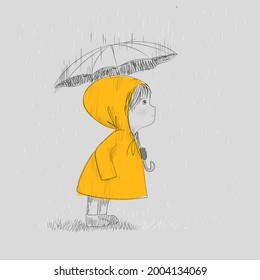 Cute Little Girl Holding Umbrella Sketchdrawing Stock Vector (Royalty ...