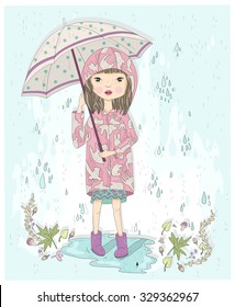 Cute Little Girl Holding Umbrella Autumn Background With Rain Leafs And Puddle