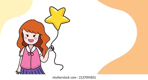 Cute little girl holding yellow star balloon. Kids children day themed background with empty copy space and no text. Simple flat cartoon art styled outlined illustration.